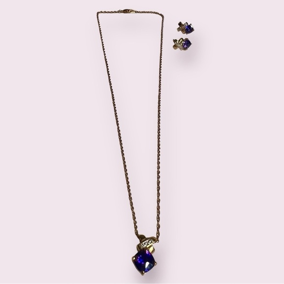 Gold Tone and Purple Gem Necklace and Earring Set
